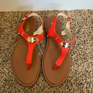 Michael Kors Red and Brown T-Strap Sandals with Gold Accent